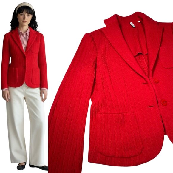 Preppy Red Cable Knit Sweater Blazer SZ M 100% Wool Academia Twee Career - Picture 1 of 16